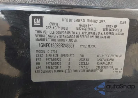 2008 Chevrolet Tahoe Ltz from USA, damaged, VIN 1GNFC13028R243567